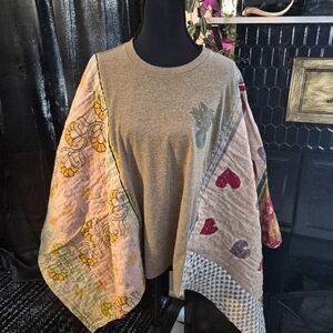 Upcycled T Shirt Poncho Kantha Bae Sleeves Nature Graphics Free Size Open